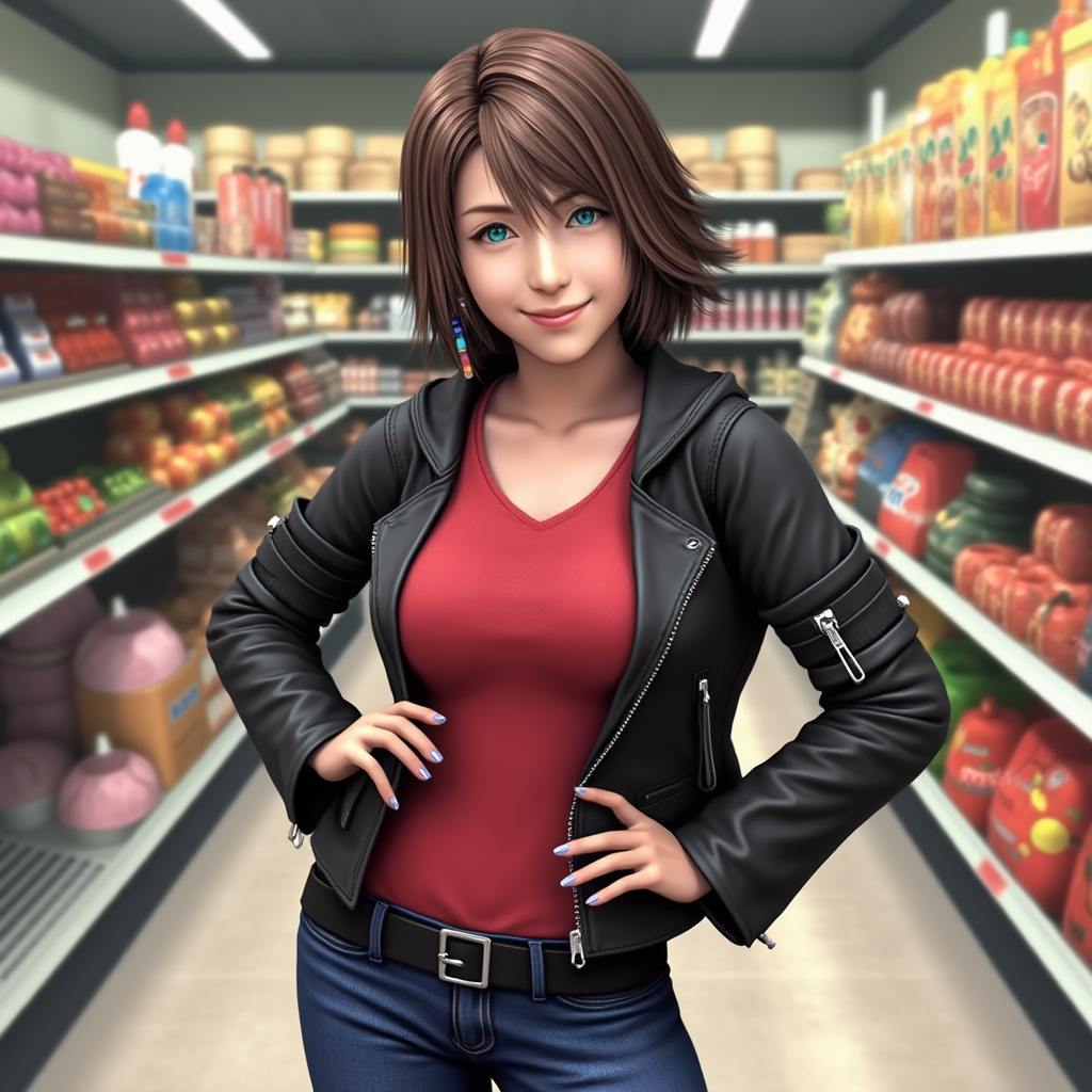 yuna (ff10), heterochromia, green eyes, blue eyes, red shirt, black biker jacket, blue jeans, happy, smile brown medium hair, at the supermarket