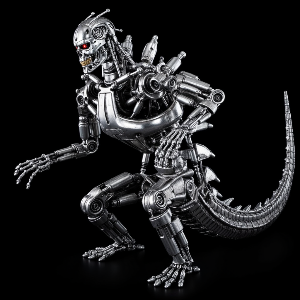 mechagodzilla, Terminator robot, metallic robot dinosaur, meglaphobia, toho, heisei, showa, minus one, shin godzila, portrait, black background,