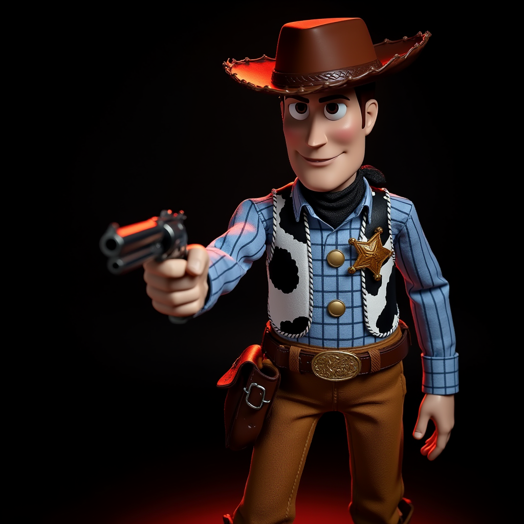Sheriff Woody , Sheriff Woody dressed as Arthur Morgan points a revolver at the camera, brown oil skin cowboy hat with braided leather hatband, blue button down shirt with thin grey stripes, chestnut brown rangewear canvas pants, black and gray stripped  suspenders with button ends, black linen scarf, brown western gunman belt, brown crossbody leather satchel bag, black cowboy boots, red light, low light, black background