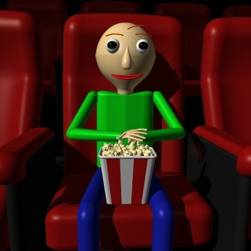 Baldi is a poorly modeled CGI character with a light skin complexion, long skinny fingers, red lips, and a strand of brown hair on his head. He wears a long-sleeved green shirt, blue jeans, and light brown shoes sitting in a movie theater seat and eating popcorn