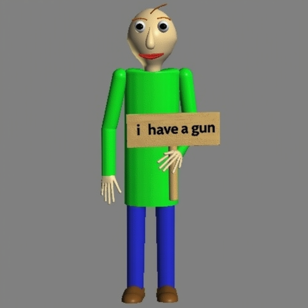Baldi is a poorly modeled CGI character with a light skin complexion, long skinny fingers, red lips, and a strand of brown hair on his head. He wears a long-sleeved green shirt, blue jeans, and light brown shoes holding a sign that says "i have a gun"