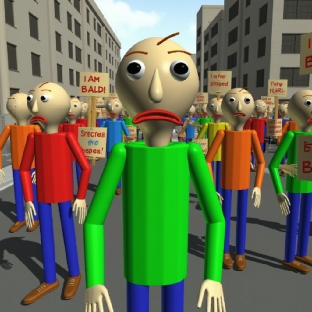 Baldi is a poorly modeled CGI character with a light skin complexion, long skinny fingers, red lips, and a strand of brown hair on his head. He wears a long-sleeved green shirt, blue jeans, and light brown shoes in a city with an army of clones of himself with different colored shirts and they are all very angry and they are all protesting and holding up signs that say "i am baldi"