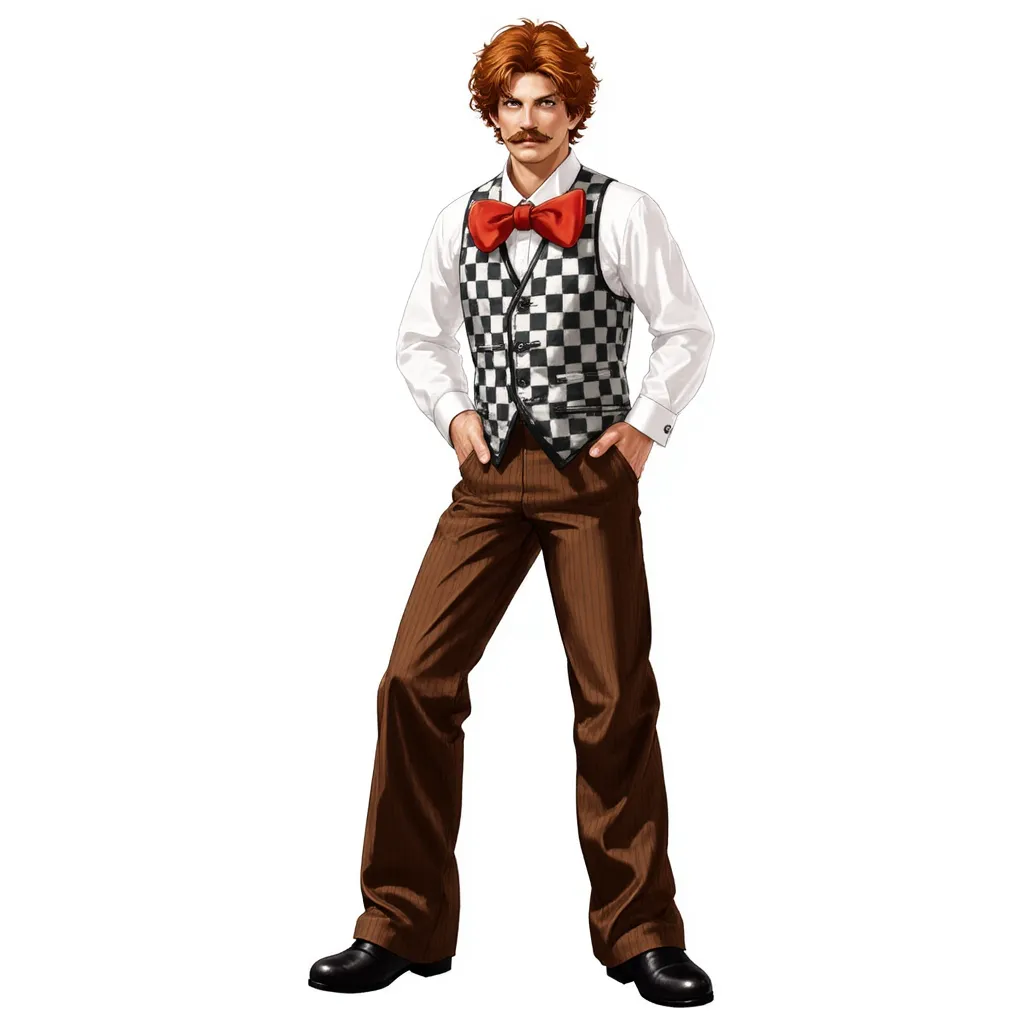 Character artwork from "The King of Fighters XIII", featuring Mr. Noodle is a man who has curly red brown hair, a mustache, and is wearing a black and white checkered vest, a large red bow tie, white shirt, brown pinstriped pants, and black shoes. appearance white background