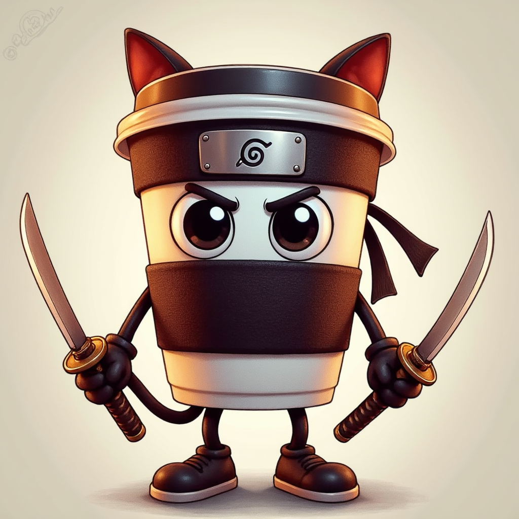 Cappuccino Assasino:  A coffee cup with black eyes and limbs and white gloves has an angry expression. It has no mouth. As Cat
