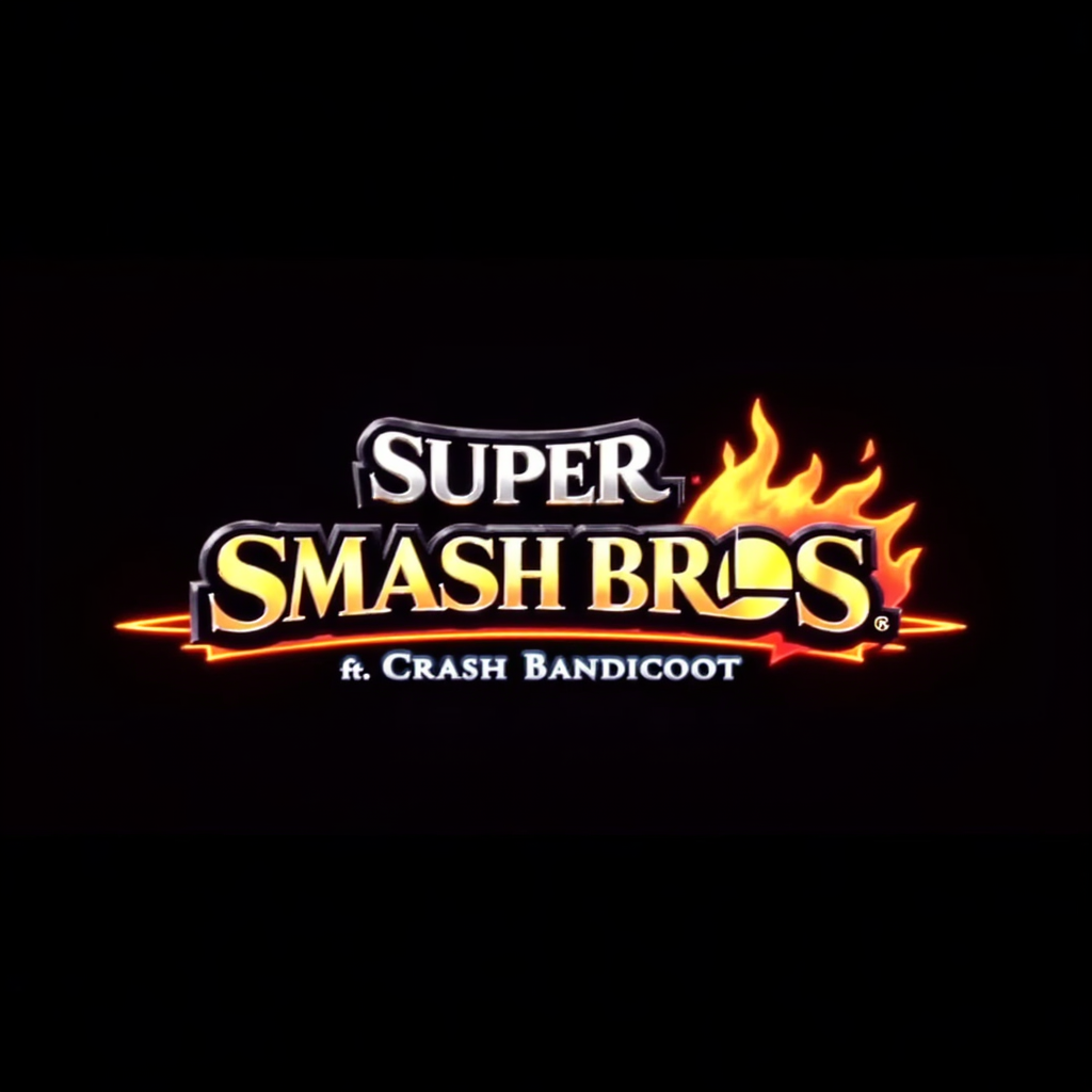 thx, A black screen with the text "SUPER SMASH BROS" in bold, shiny metallic letters, with “ft. CRASH BANDICOOT” above the logo in small letters. with cinematic lighting effects, and orange glowing rectangular lines around the logo.