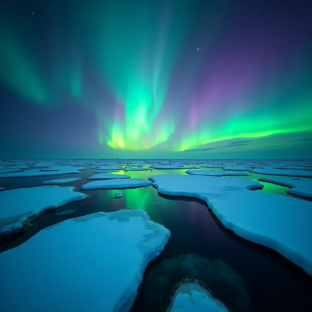 An endless field of ice under the night sky, illuminated by the Northern Lights. Vibrant greens, purples and blues dance across the sky, reflecting off the crystal-clear ice. Small cracks in the ice reveal deep, dark waters, creating a surreal contrast between light and dark. 
ISO 100-400 | Aperture f/5.6-f/11 | Shutter Speed 1/125s+