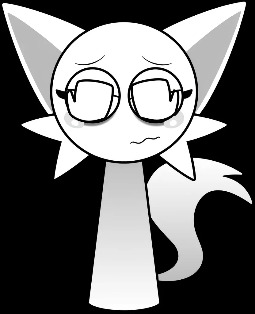 A monochrome cartoon drawing of a character with large cat-like ears and a long tail. The character has a round head with hands covering her eyes and a sad expression, indicated by the slightly curved eyebrows and a small frown. There are subtle tear drops near the eyes, suggesting sadness. The background is black, accentuating the character's white and gray color scheme.