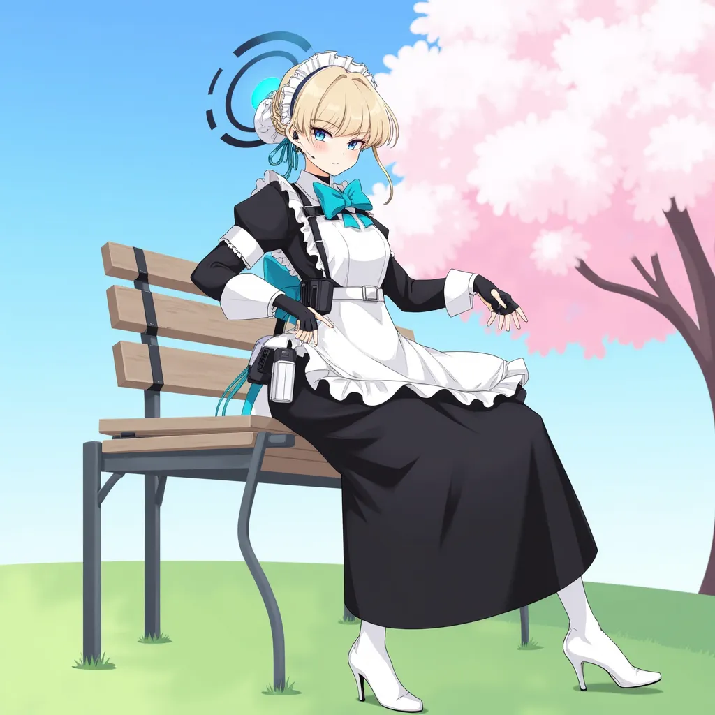 Asuma Toki in a maid outfit with a black dress, white apron, long black skirt, and a big blue bow on her back. She has short blonde hair tied in a bun, blue eyes, and a blue bow on her neck. She is equipped with futuristic gadgets, wears white pantyhose and high-heeled white shoes. There's a blue halo floating above her head. She is sitting on a bench chair. Her expression is smiling and looking at the viewer. The place features blue sky, green grass, and a cherry blossom tree.