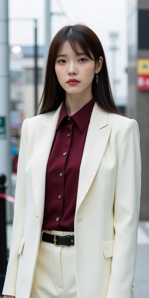 A portrait of Lee Ji Eun (IU), 1girl, solo, best quality, high res, realistic, masterpiece, long straight hair, looking at viewer, front view, lips, full body shot, a wear dark red shirt a white blazer a white trousers with black belt, tokyo city at day