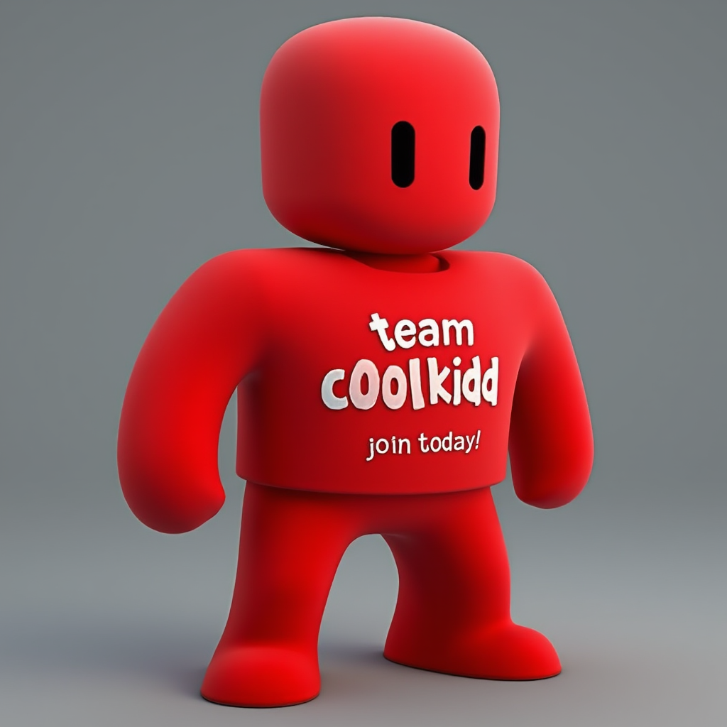 Stumble Guys Skin featuring an all red colored character with his red skin red hands red torso red head and red legs all of his body being red. with text on his chest that says "team c00lkidd" on the top and " join today!" at the bottom