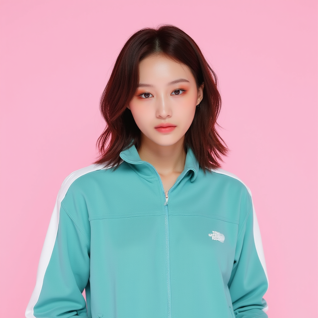 Siyeon,Brown wavy hair,from the show squid game teal tracksuit with white stripes on Shoulders, he set against a light Pink background,looking drectly to the camera