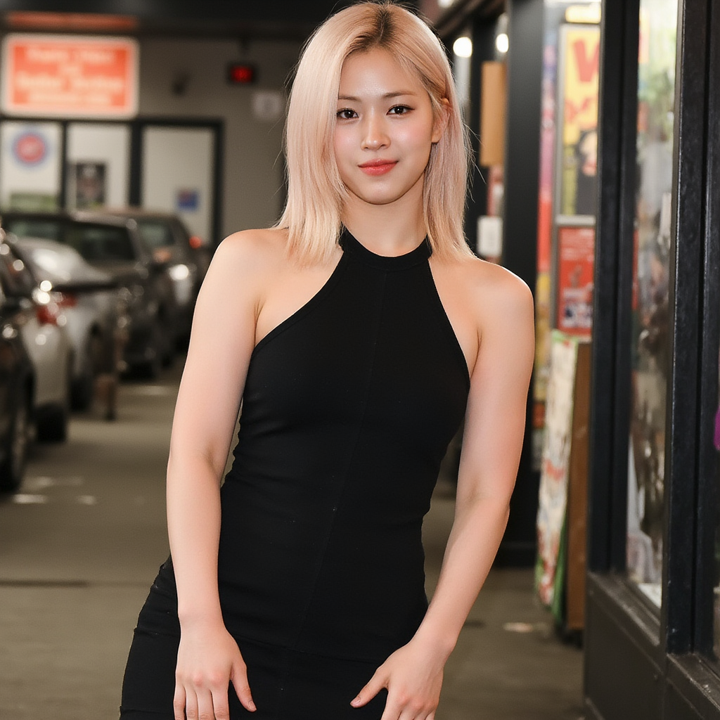 Ryujin,Blonde short hair, black mini dress, looking to the camera