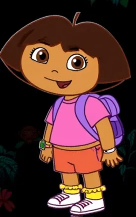 A vibrant, stylized illustration of Dora Marquez in the aesthetic of Ni Hao Kai-Lan, showcasing her with large, expressive eyes and an enthusiastic smile. She has a playful outfit, featuring a bright pink shirt and orange shorts, with her signature purple backpack slung over one shoulder. The setting is a lush, colorful jungle filled with oversized flowers and friendly cartoon animals, suggesting a sense of adventure and discovery. The atmosphere is joyful and inviting, with soft sunlight filtering through the leafy canopy, casting dappled shadows on the ground. The colors are saturated and cheerful, creating a whimsical feel. The artwork is executed in a cartoonish, playful style reminiscent of children’s animation, emphasizing bold outlines and vivid colors.