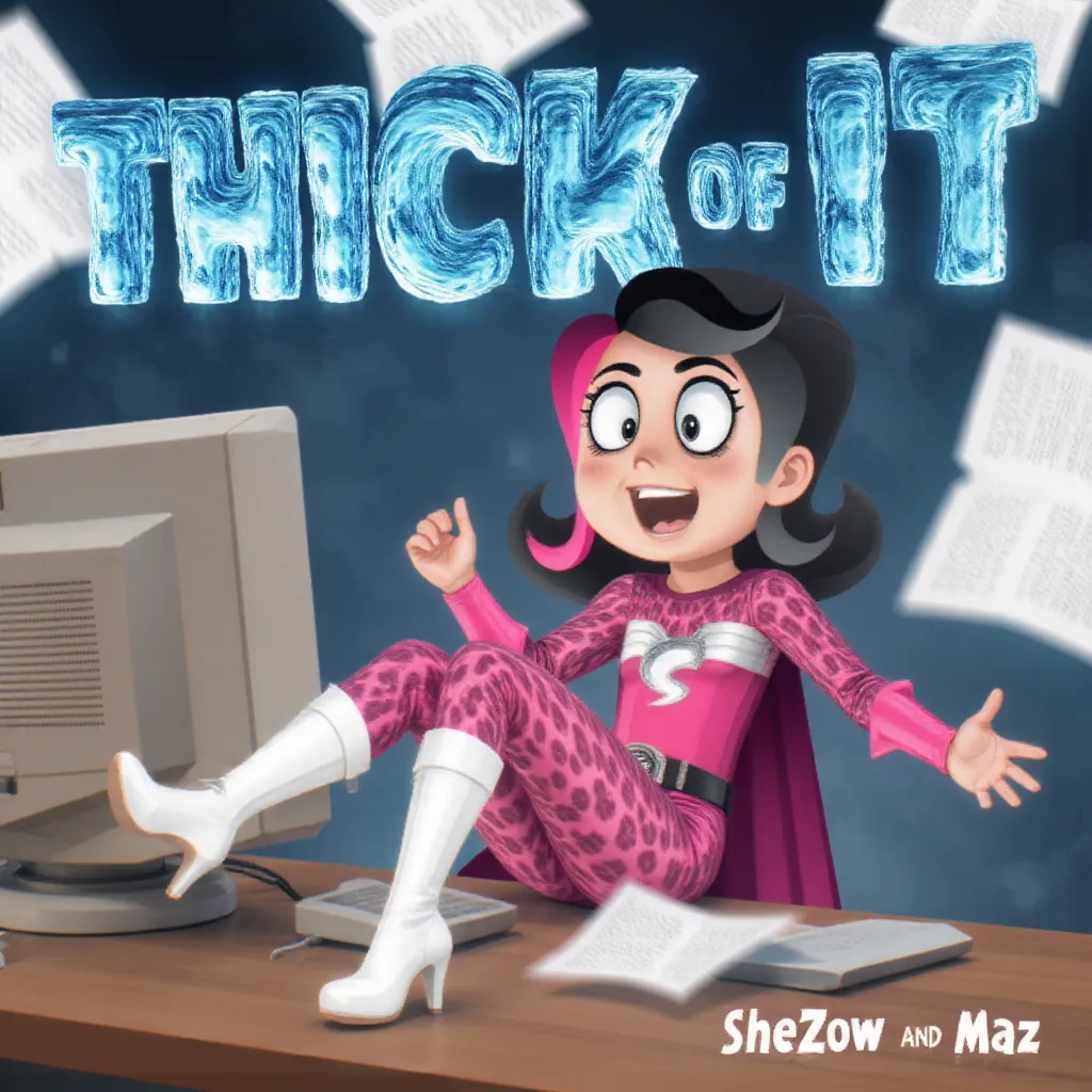 Cover art for "Thick of It" featuring ((SheZow, preteen male, male, flat-chested, Black hair with pink streak, pink superhero outfit with leopard print, “S” emblem on white horizontal streak, purple cape, caped, black belt, purple skirt, pink leopard print thighs, white high heel boots)), sitting at a cluttered desk with feet up, laughing. The background includes a vintage computer, and papers are flying around. The title "Thick of It" appears in icy blue letters above. The artists' names, (SheZow) and (Maz), are mentioned at the bottom.