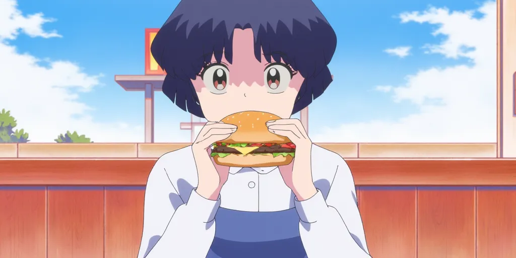 AkaneTendo, teen female, short dark hair, wearing a blue dress over a white blouse, sitting in a McDonald’s restaurant, eating a Big Mac, smiling, anime style