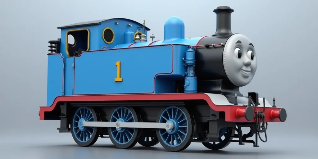 blue E2 Class Tank Engine as Thomas, silver background, CGI render, photorealistic, smiling
