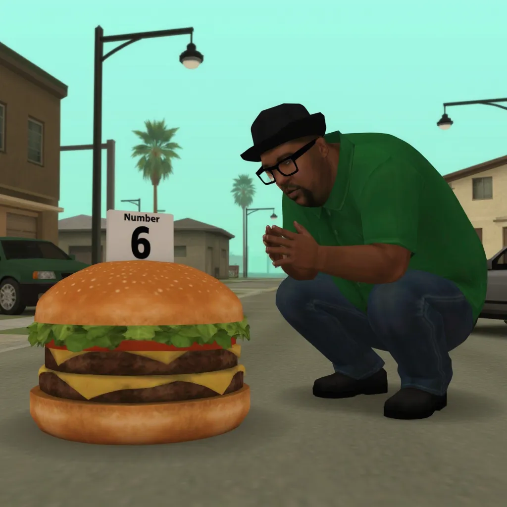 The character Big Smoke from the video game "Grand Theft Auto: San Andreas", wearing a green shirt and black glasses, with a hat, jeans and black shoes, half fat, looking at a giant burger labeled "Number 6" that is to the left of him. The character is in a street environment, with streetlights and cars, crouched praying.
