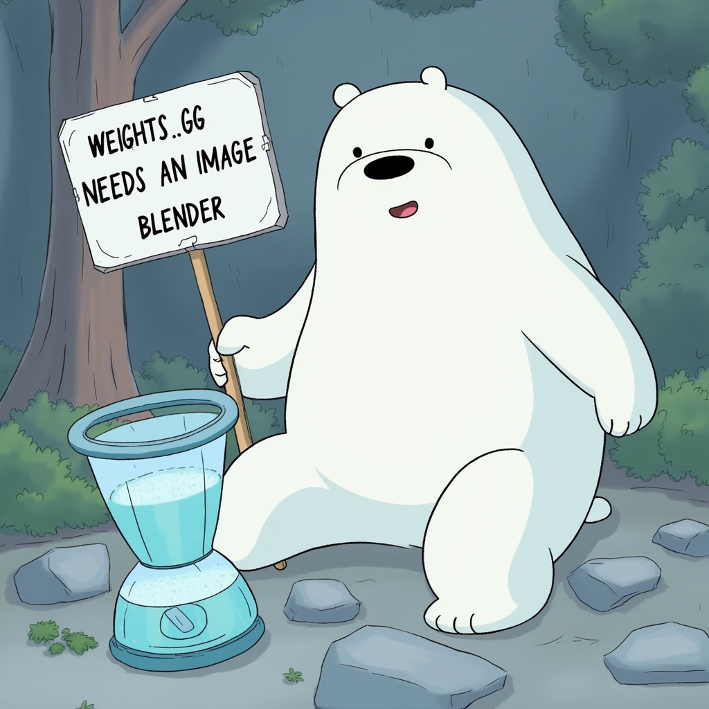 Ice Bear holding a sign saying “Weights.gg needs an image blender”