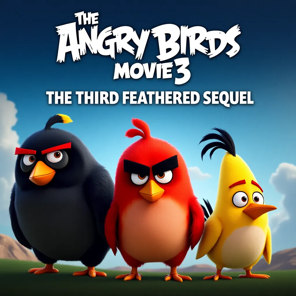Cover art for an upcoming movie with the title at the top "The Angry Birds Movie 3" and a quote at the bottom saying "The Third Feathered Sequel"