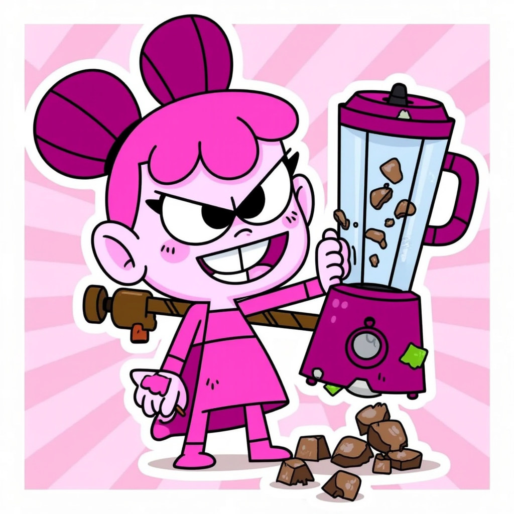 a stylized cartoon character with a light pink skinned. She has her hair styled in two buns, she wearing long sleeve pink shirt, pink pants, and pink shoes, holding a hammer, the giant blender is destroyed
