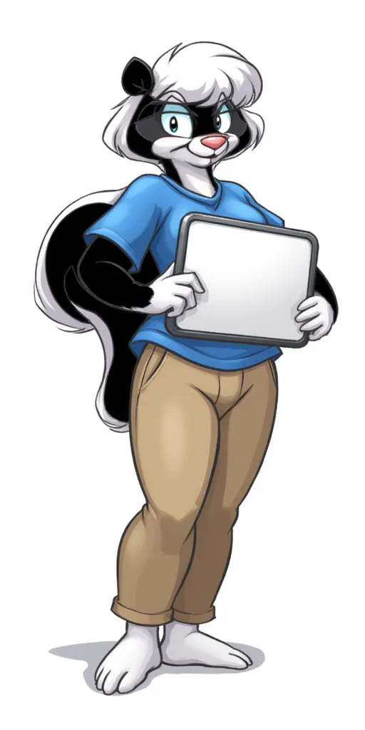 Sabrina Skunk, 6 ft tall, wearing blue T-shirt and beige khakis, white hands and feet, holding a sign that reads "Check out my Sabrina Skunk model!", safe for work