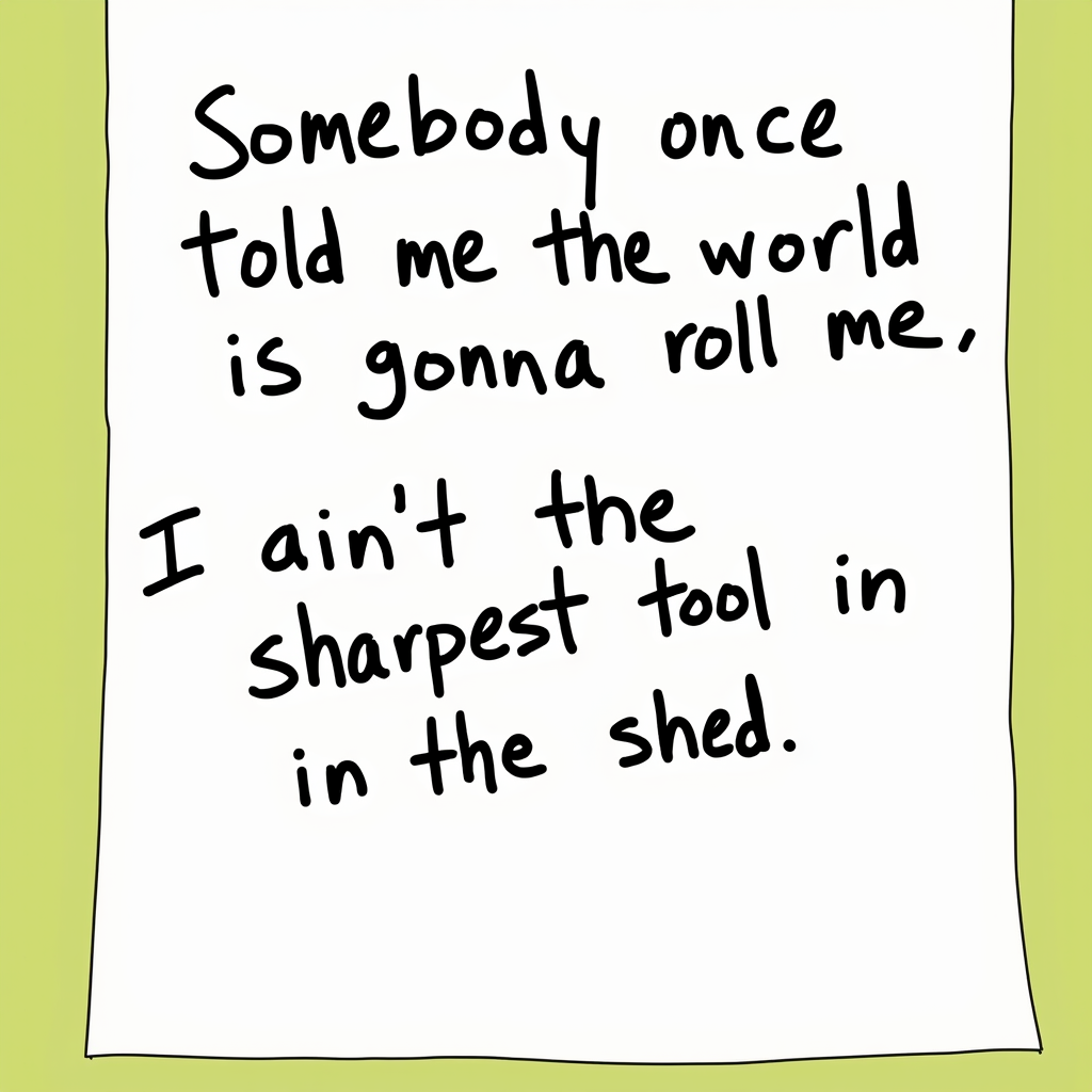 handwritten text on paper, "Somebody once told me the world is gonna roll me I ain't the sharpest tool in the shed"