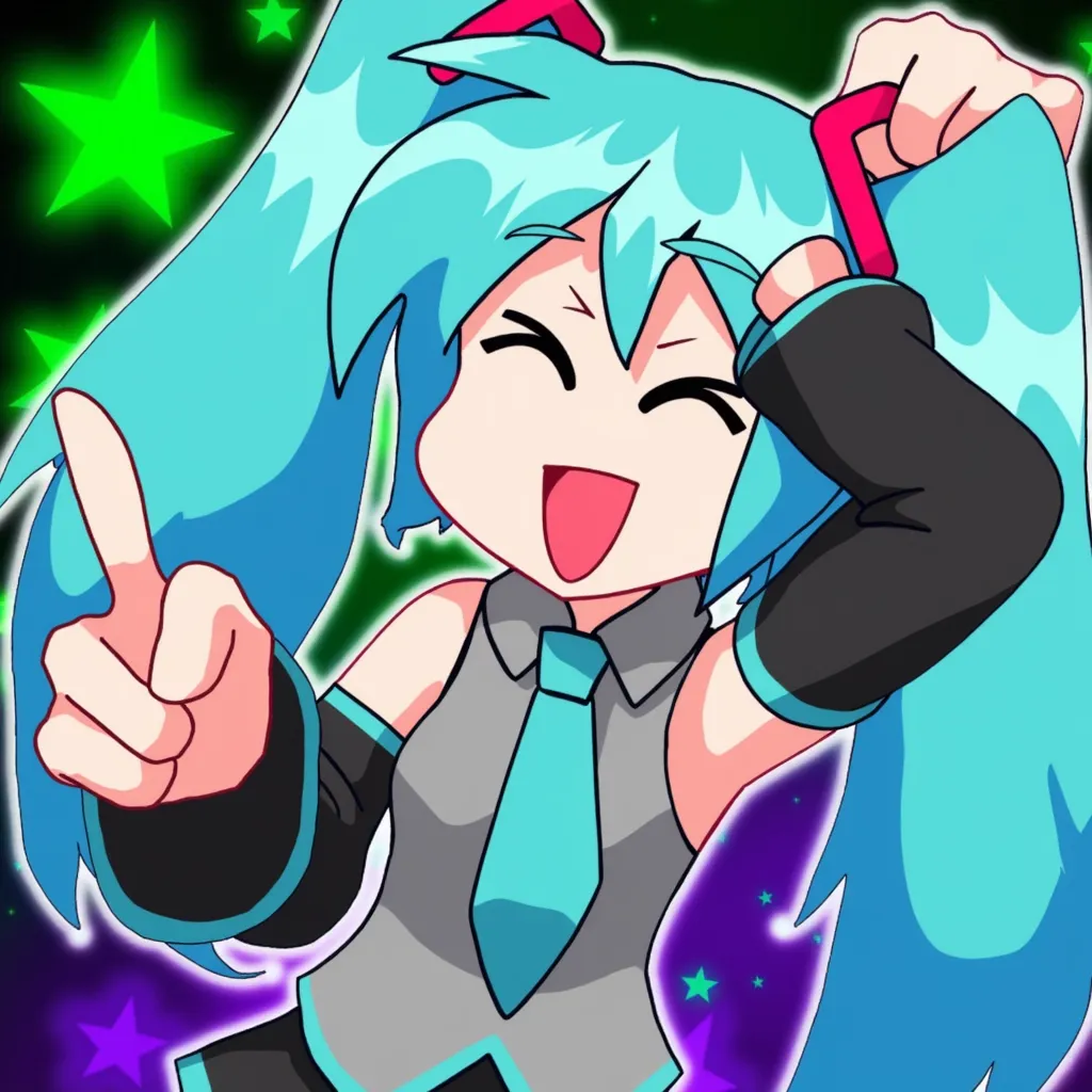 Hatsune Miku from the "Friday Night Funkin' Vs Miku Mod" is depicted here. She has long blue twin-tails with red accents and is wearing a black and turquoise outfit. Miku is shown with a joyful expression, striking a playful pose, set against a colorful background featuring green and purple hues.