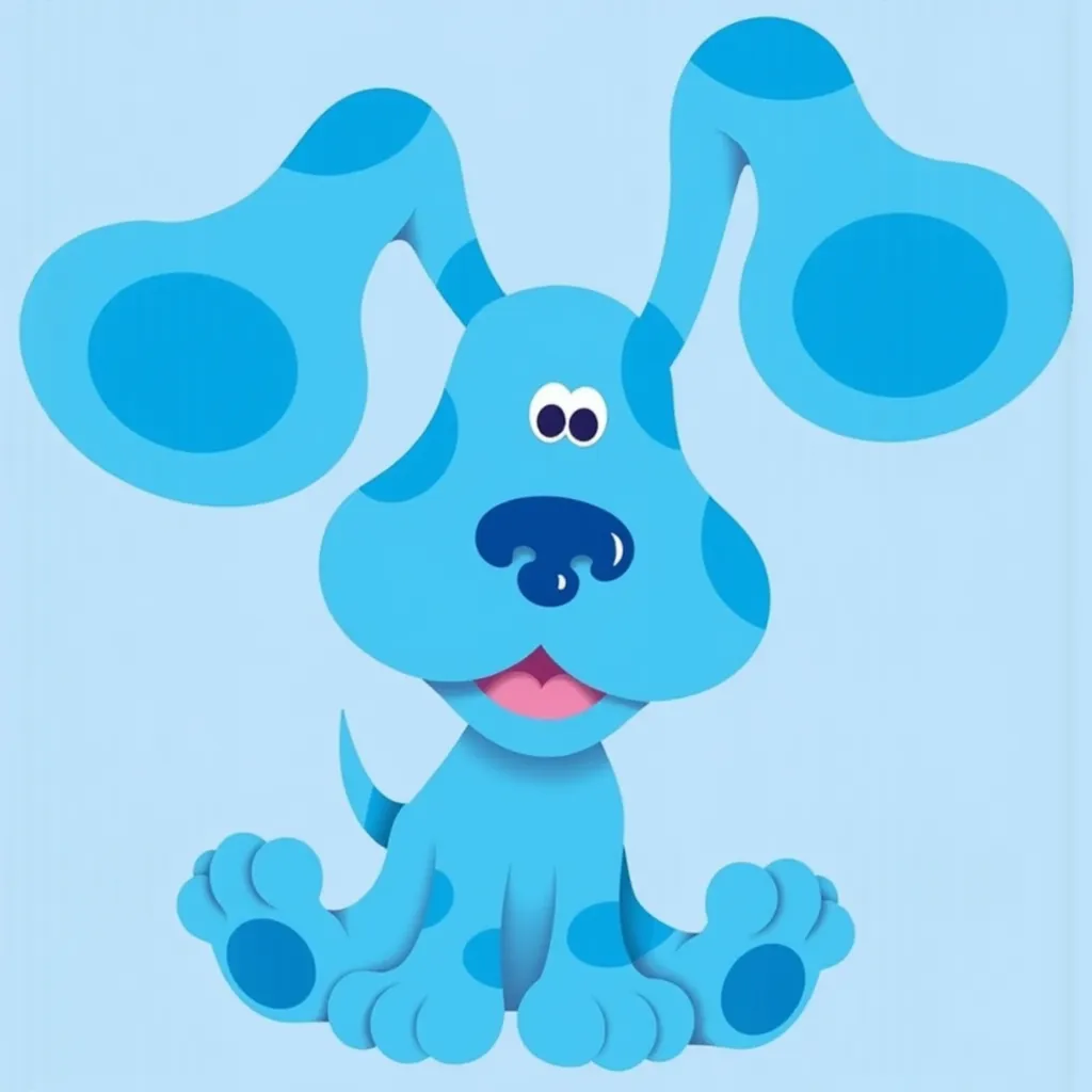 Blue (Blue's Clues) is a cartoon dog with light blue fur and darker blue spots. It has floppy ears, a large nose, and expressive eyes.