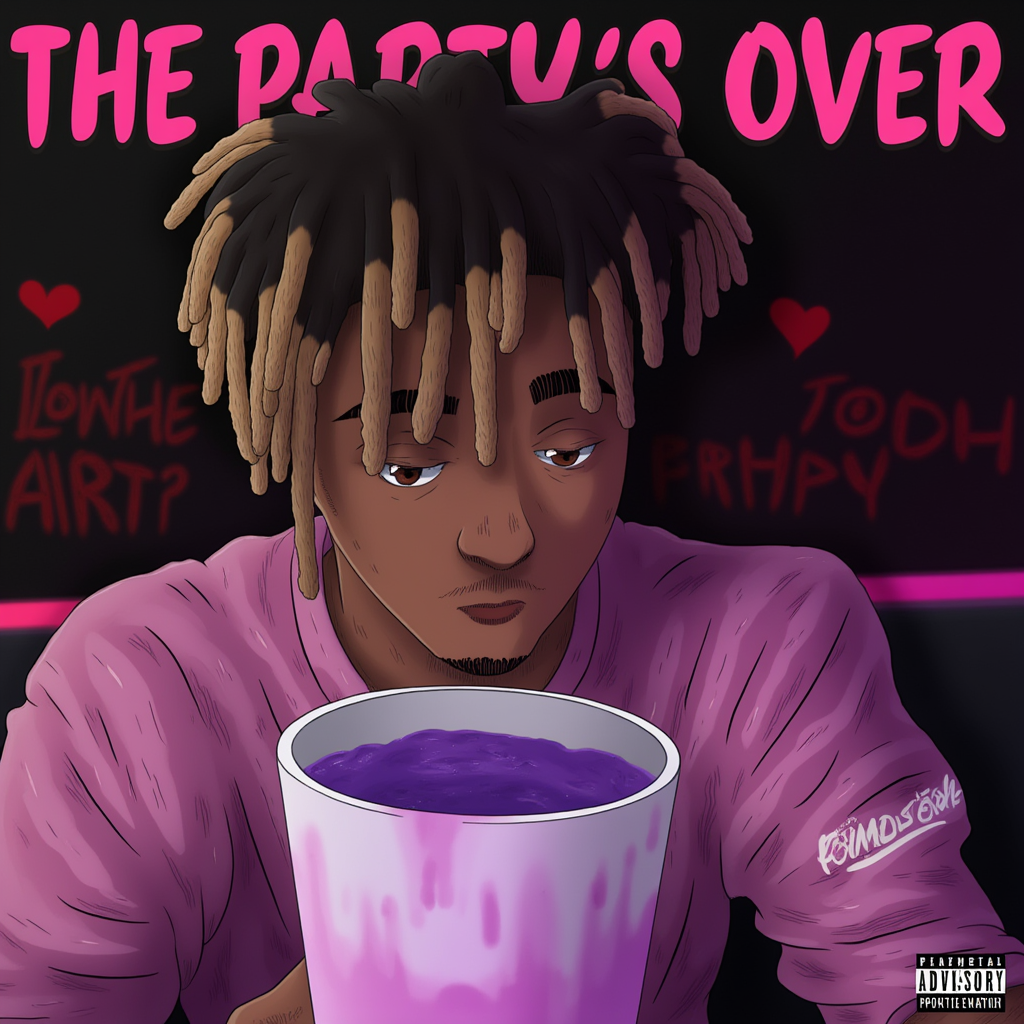 Juice WRLD is at a party with a styrofoam cup with purple liquid in, he looks dizzy, his eyes are spinning, its a house party, the album cover text says "the party's over"