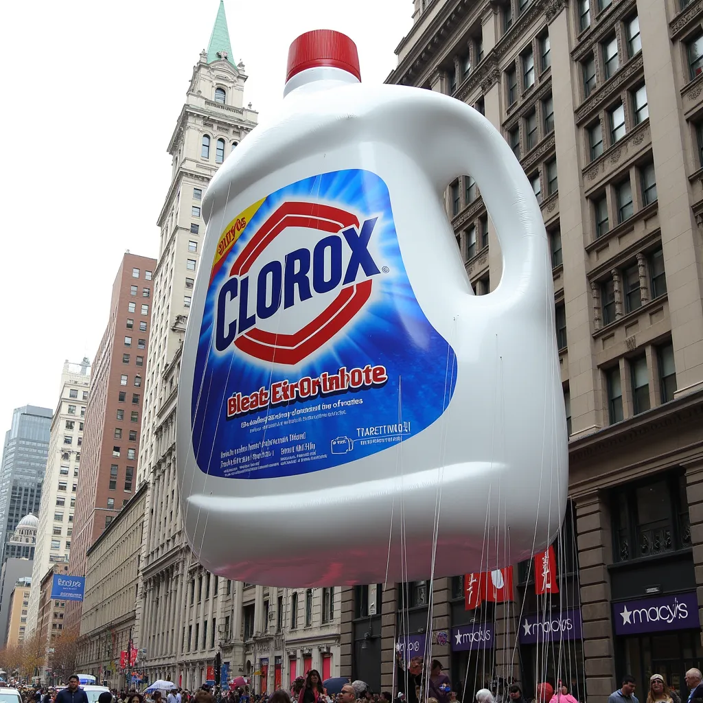 A CLOROX bleach bottle as a Macy’s Thanksgiving Day Parade balloon, in Manhattan, photograph