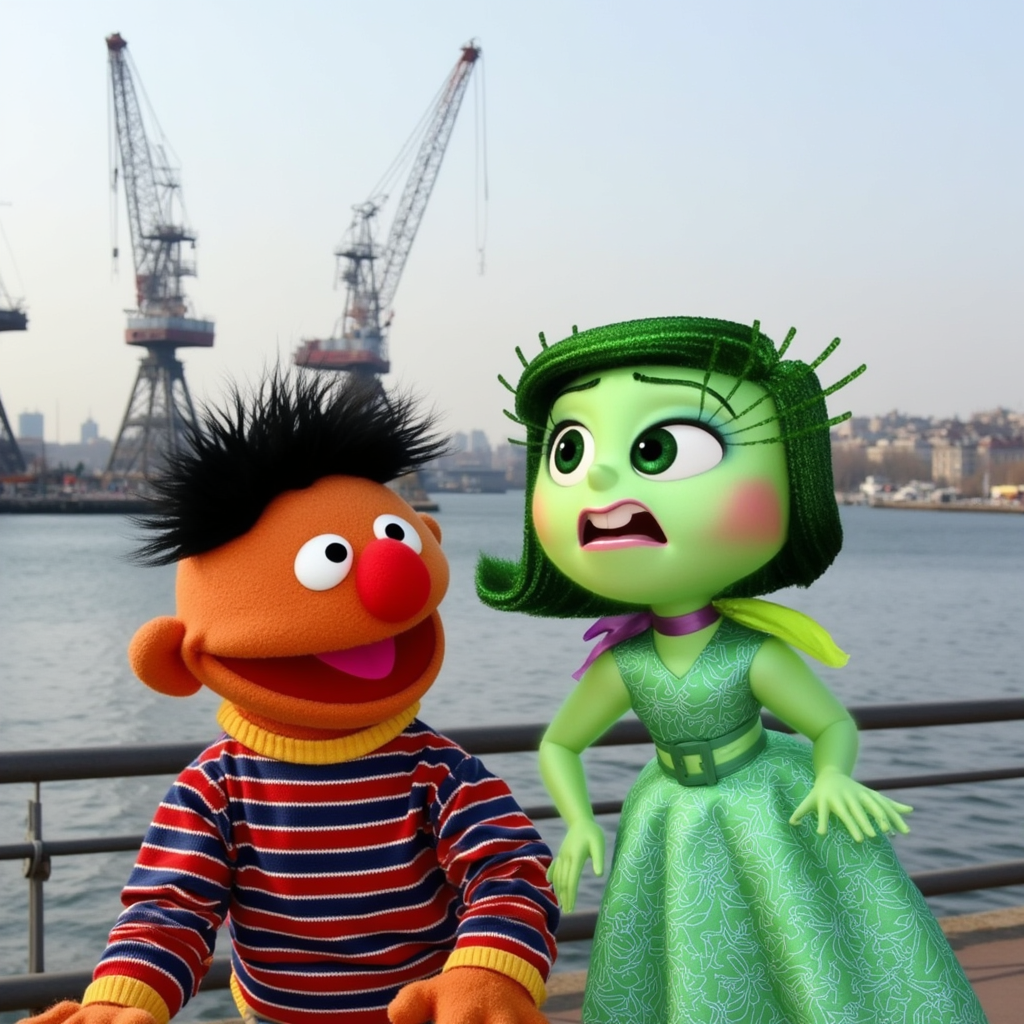 "Ernie and Disgust standing by the waterfront, with cranes and water in the background. Ernie, a character from Sesame Street, is wearing a striped shirt, while Disgust, from Inside Out, has green skin and a green dress. The two characters appear to be interacting against a maritime backdrop."