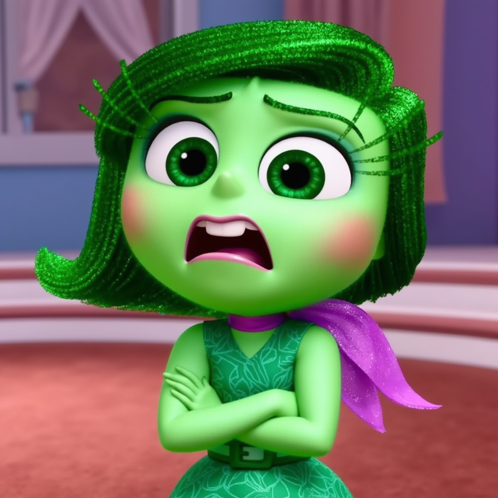 Disgust from the movie "Inside Out" is depicted with a shocked expression. She has green skin, large expressive eyes, and short green hair. She's wearing a green dress with a pattern, a belt, and a purple scarf.
