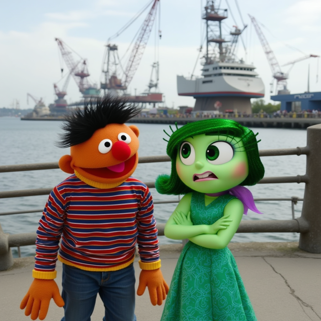 "Ernie and Disgust standing by the waterfront, with cranes and water in the background. Ernie, a character from Sesame Street, is wearing a striped shirt, while Disgust, from Inside Out, has green skin and a green dress. The two characters appear to be interacting against a maritime backdrop."