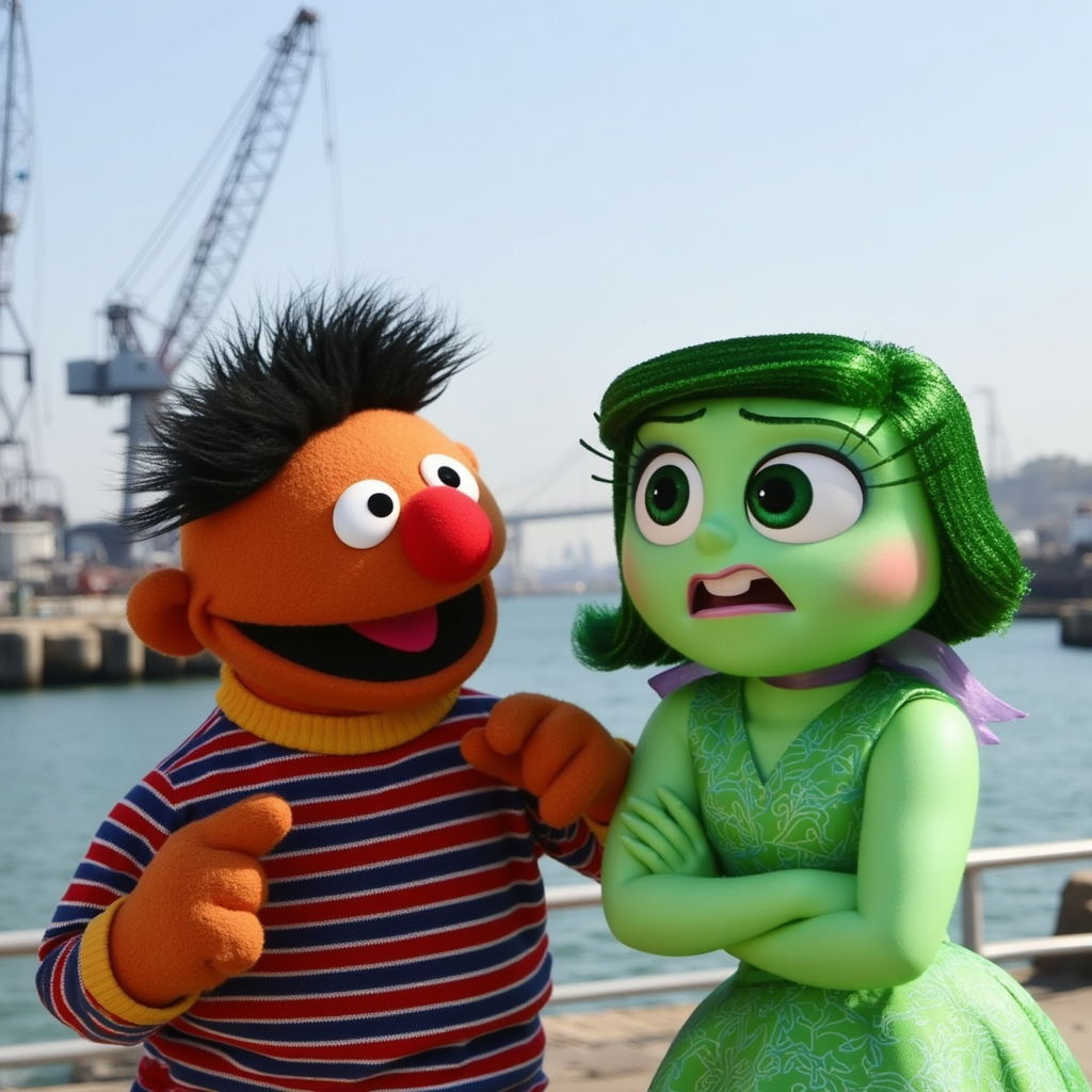 "Ernie and Disgust standing by the waterfront, with cranes and water in the background. Ernie, a character from Sesame Street, is wearing a striped shirt, while Disgust, from Inside Out, has green skin and a green dress. The two characters appear to be interacting against a maritime backdrop."