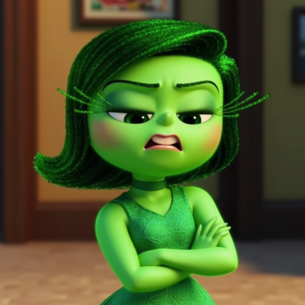 A character from "Inside Out" named Disgust, appearing displeased with a wrinkled nose and crossed arms. She is green-skinned with dark green hair styled in a bob, thick eyelashes, and wearing a green dress. Her expression conveys annoyance or disdain.
