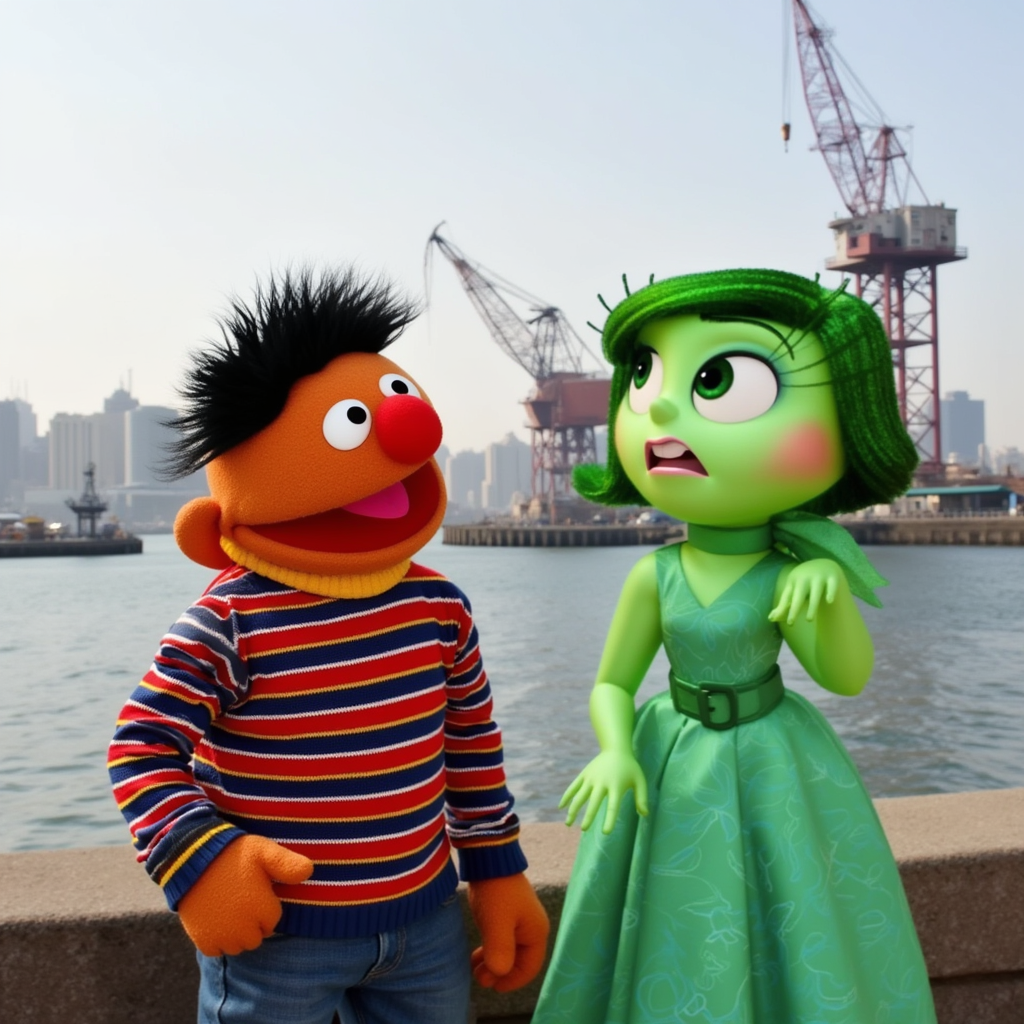 "Ernie and Disgust standing by the waterfront, with cranes and water in the background. Ernie, a character from Sesame Street, is wearing a striped shirt, while Disgust, from Inside Out, has green skin and a green dress. The two characters appear to be interacting against a maritime backdrop."