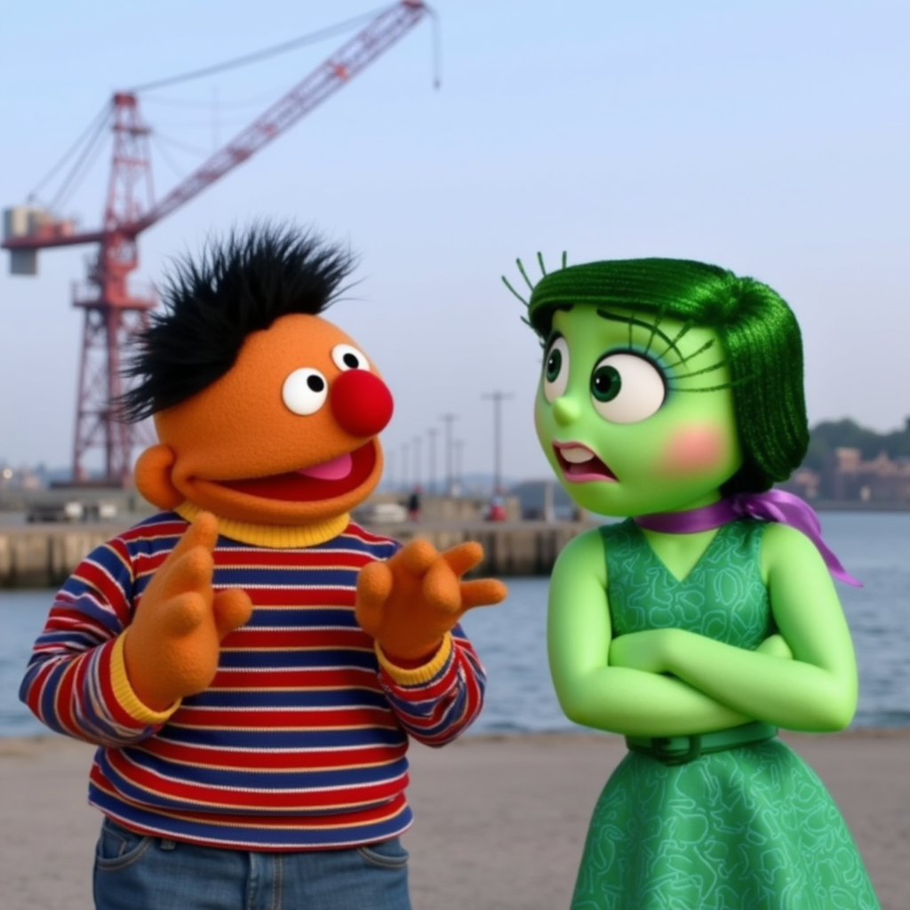 "Ernie and Disgust standing by the waterfront, with cranes and water in the background. Ernie, a character from Sesame Street, is wearing a striped shirt, while Disgust, from Inside Out, has green skin and a green dress. The two characters appear to be interacting against a maritime backdrop."