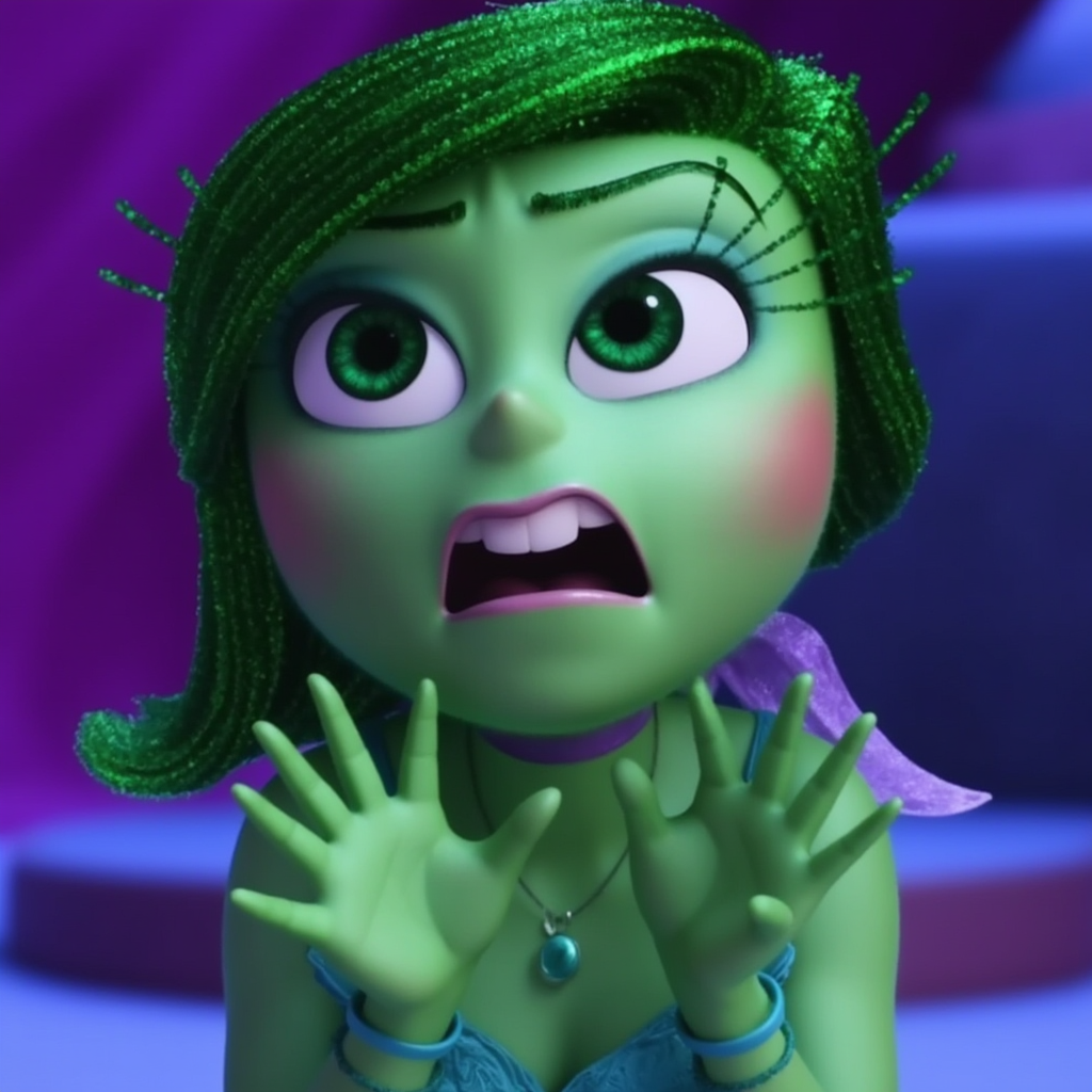 The image depicts the character Disgust from the animated movie "Inside Out." She has green skin, short green hair, and is expressing a dramatic, shocked face with wide eyes and an open mouth. Her hands are raised in front of her, indicating surprise or distress. The background is a blurred mix of purple and blue tones.