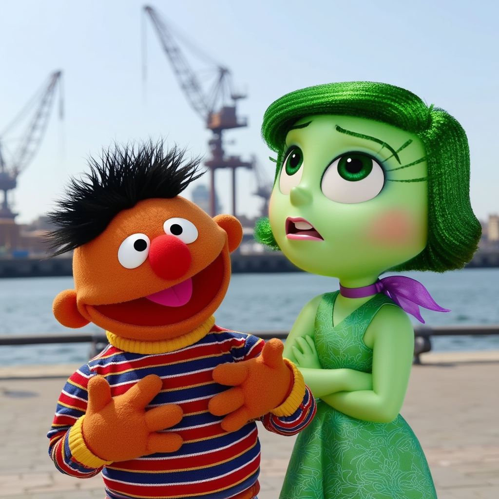 "Ernie and Disgust standing by the waterfront, with cranes and water in the background. Ernie, a character from Sesame Street, is wearing a striped shirt, while Disgust, from Inside Out, has green skin and a green dress. The two characters appear to be interacting against a maritime backdrop."