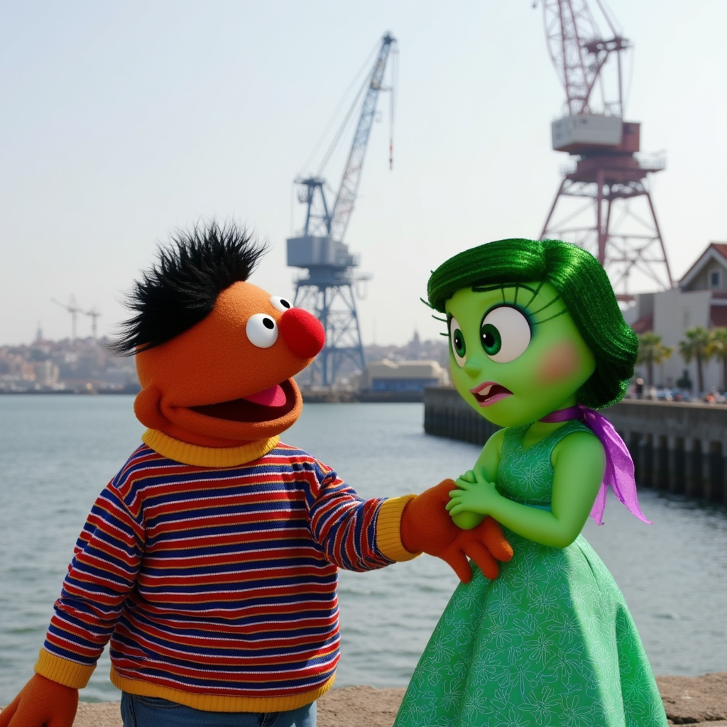 "Ernie and Disgust standing by the waterfront, with cranes and water in the background. Ernie, a character from Sesame Street, is wearing a striped shirt, while Disgust, from Inside Out, has green skin and a green dress. The two characters appear to be interacting against a maritime backdrop."