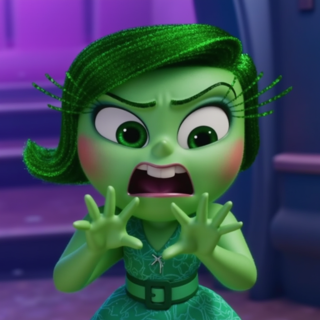The image depicts the character Disgust from the animated movie "Inside Out." She has green skin, short green hair, and is expressing a dramatic, shocked face with wide eyes and an open mouth. Her hands are raised in front of her, indicating surprise or distress. The background is a blurred mix of purple and blue tones.
