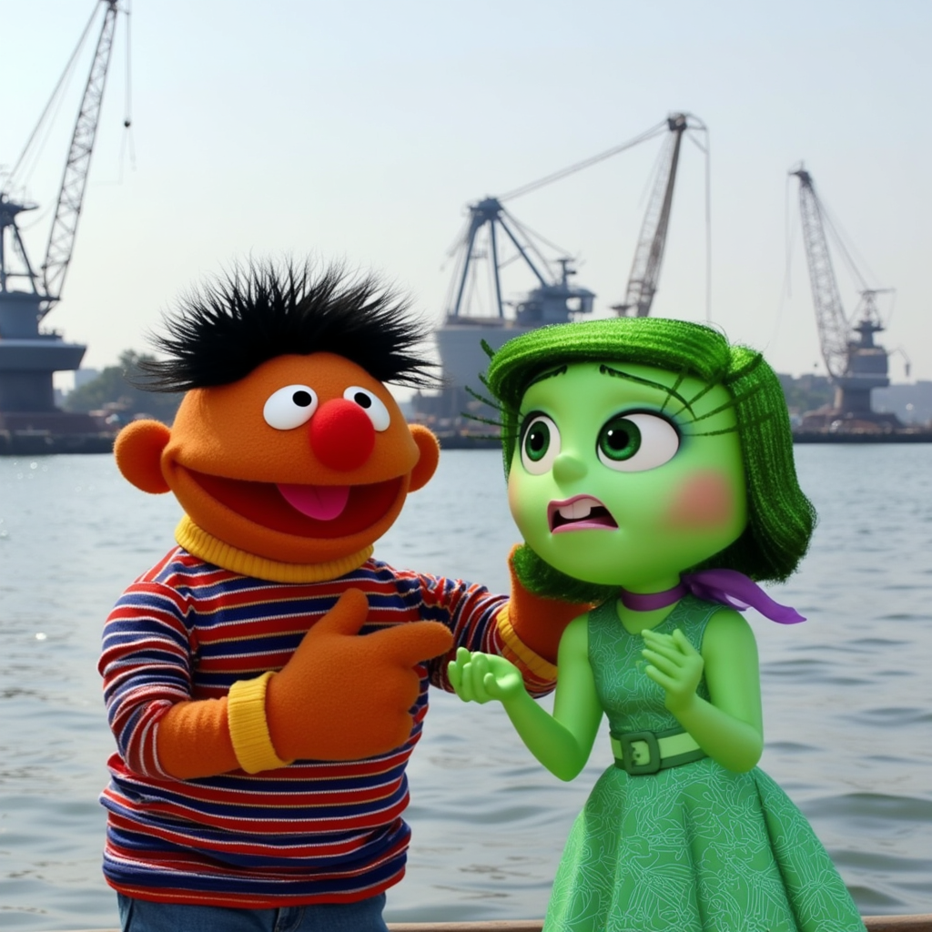 "Ernie and Disgust standing by the waterfront, with cranes and water in the background. Ernie, a character from Sesame Street, is wearing a striped shirt, while Disgust, from Inside Out, has green skin and a green dress. The two characters appear to be interacting against a maritime backdrop."