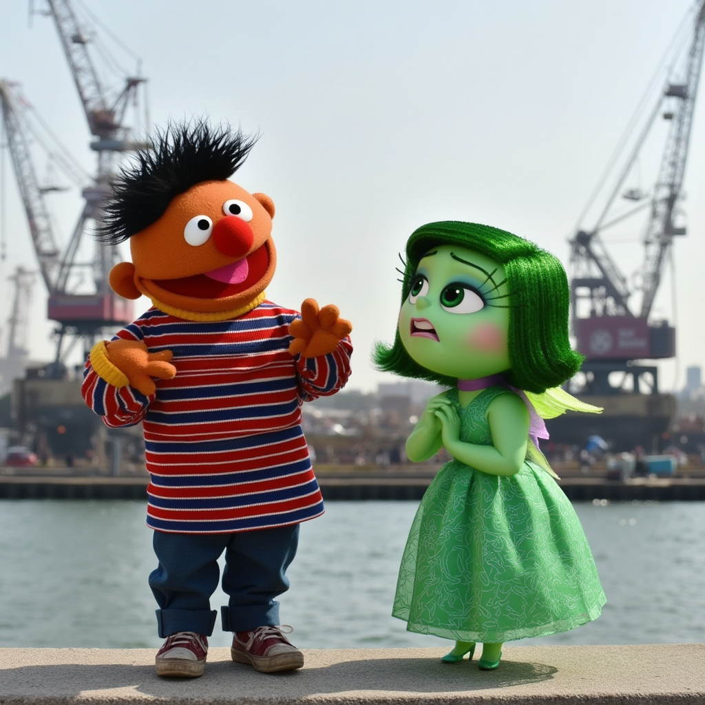 "Ernie and Disgust standing by the waterfront, with cranes and water in the background. Ernie, a character from Sesame Street, is wearing a striped shirt, while Disgust, from Inside Out, has green skin and a green dress. The two characters appear to be interacting against a maritime backdrop."