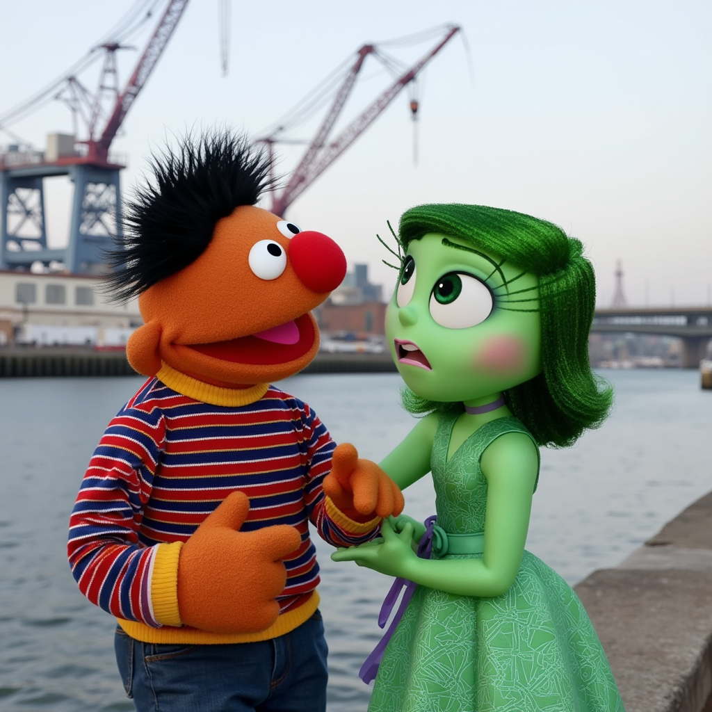 "Ernie and Disgust standing by the waterfront, with cranes and water in the background. Ernie, a character from Sesame Street, is wearing a striped shirt, while Disgust, from Inside Out, has green skin and a green dress. The two characters appear to be interacting against a maritime backdrop."