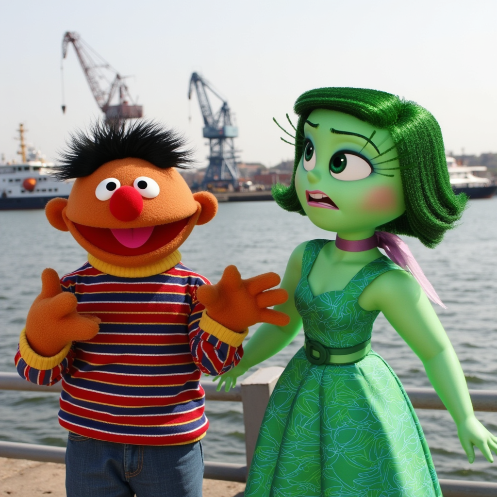 "Ernie and Disgust standing by the waterfront, with cranes and water in the background. Ernie, a character from Sesame Street, is wearing a striped shirt, while Disgust, from Inside Out, has green skin and a green dress. The two characters appear to be interacting against a maritime backdrop."