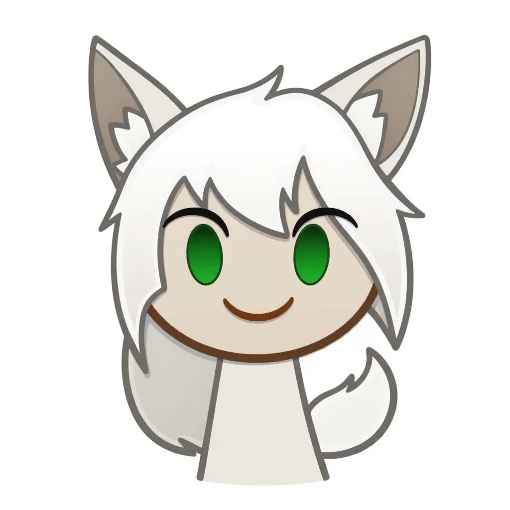 Disney Emoji Blitz style, white background, face, cartoon character with cat-like features, including pointy ears, fangs, and a tail. The character has green eyes, white hair