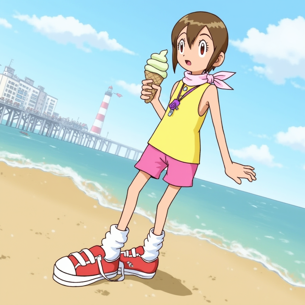 Kari Kamiya (Digimon Adventure) depicted in her signature outfit, which includes a sleeveless yellow tunic, pink shorts, white socks, and red sneakers. She wears a whistle around her neck and has a distinctive pink scarf tied around her neck. She is holding an ice cream cone near a seaside in Brighton, United Kingdom.
