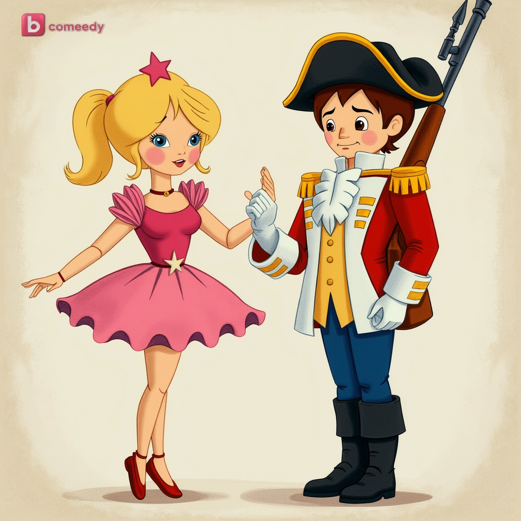 The Tin Soldier wears a red and white military uniform with golden shoulder epaulets, blue pants, black boots, and a black tricorn hat adorned with gold. He holds a rifle over his shoulder. The ballerina in a pink dress with puffed sleeves and a star on her waist, with blonde hair adorned with a pink star. The steadfast tin soldier, dressed in a red and gold military uniform and holding a rifle, gazes fondly at the ballerina.