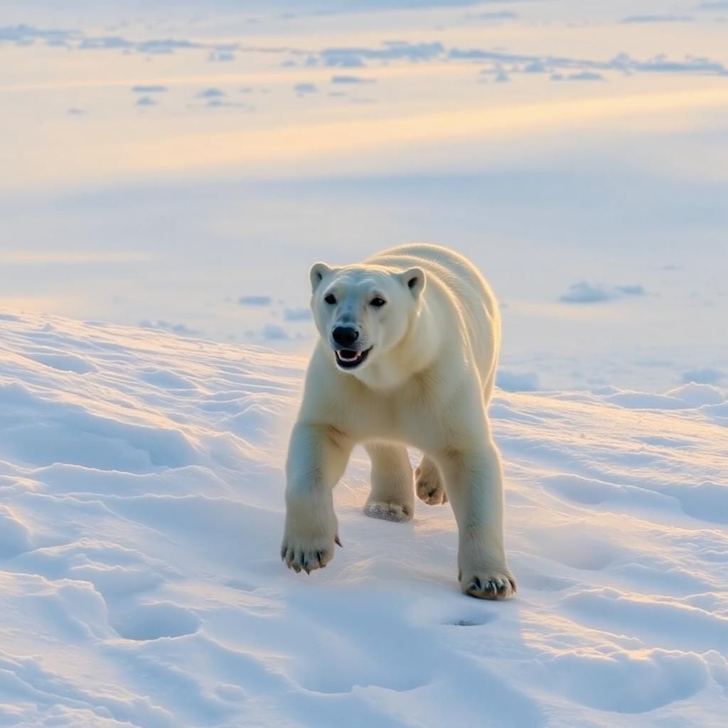 A Polar Bear running down the snow hill
