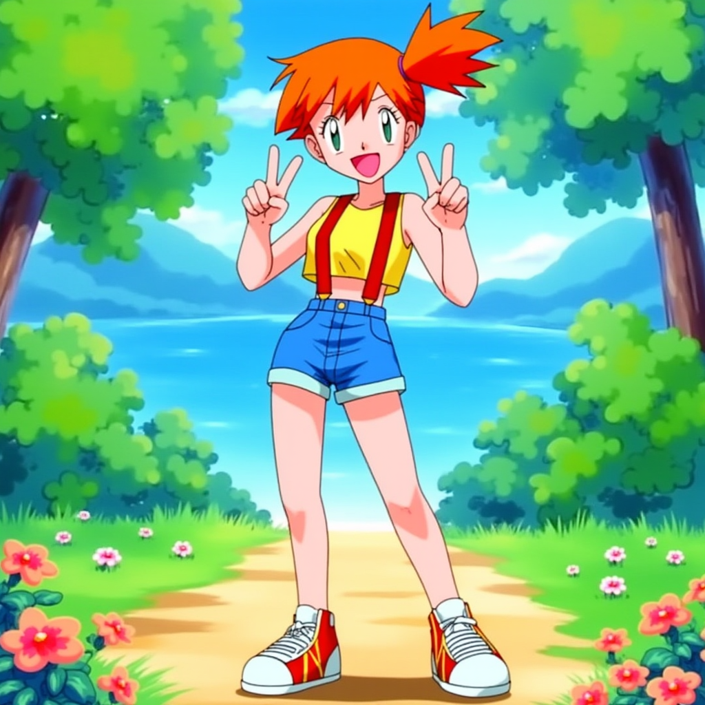 Misty Williams (Pokémon) is depicted with orange hair tied into a ponytail and her signature outfit: a yellow crop top, blue high-waisted shorts with red suspenders, and white sneakers with orange accents. She is standing confidently with one hand on her hip and the other forming a peace sign. Her green eyes and cheerful expression reflect her energetic and determined personality. The background is a forest with daylight sky, trees, a lake and flowers.